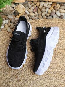 女士柔软时尚新款出口跑步运动鞋，网眼透气复古厚底运动鞋 - 黑色 - 查看 3