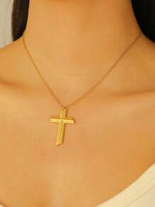 1 pièce Collier mode rétro en acier inoxydable croix, pendentif ovale creux avec chaîne en arête de poisson, convient pour un port quotidien, pour les fêtes et les festivals
