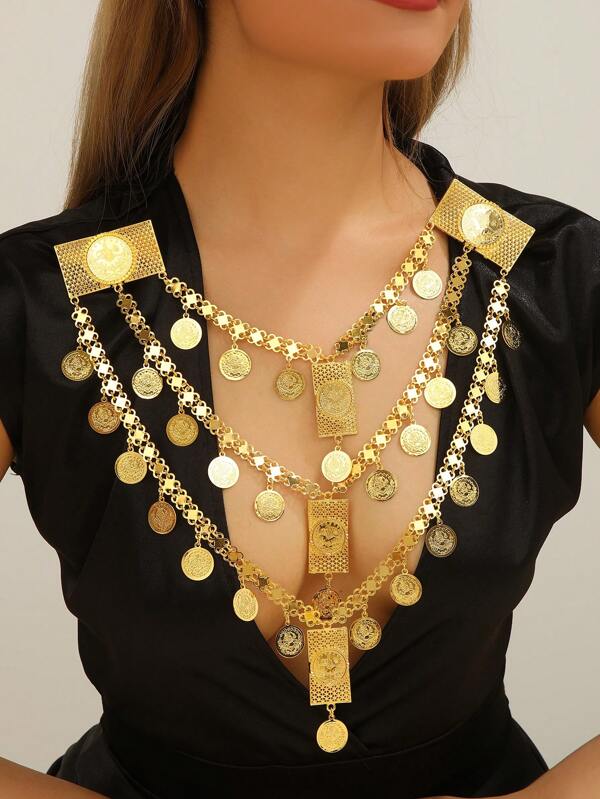1pc Exaggerated Gold Coin Tassel Women's Clothing Accessory Necklace Chain, Can Be Worn As A Bib Necklace, Body Jewelry For Women's Party, Wedding