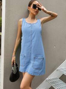 Mobula Sound Casual Everyday Dress, Fashion Chic Pocketed Holiday Beach College Vacation Casual Dating Back To School Party Singles Party Travel Denim Dress, Spring/Summer - Blue - View 4