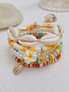 5 件/套时尚多元素海星和贝壳装饰彩色聚合物粘土手链，复古仿珍珠和花珠吊饰弹性手链套装，适合女性/女孩日常装饰、节日穿着、礼物、春夏珠宝套装