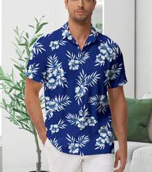 Men's & Women's Hawaiian Shirt - Flower&Coconut Leaves Print Short Sleeve Button-Up, Soft Breathable Fabric, Machine Washable, Regular Fit Casual Beach Vacation Shirt For Adults, Summer Apparel Buttons Casual Shirts - Màu xanh lam - Xem 3