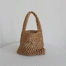 Solid Color Hollowed-Out Hand-Woven Shoulder Bag, Stylish Hand-Woven Handbag With Exquisite Single Strap Mesh Design, Perfect For Beach Vacations Or Summer Trips, Light And Breathable, Showing A Natural Casual Style