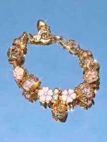 1pc Y2K Pink Cherry Blossom Charm Bracelet, Cute Floral Bracelet, New Year 2025 Party Gift, Friends Memorial Gift - Gold - View 15