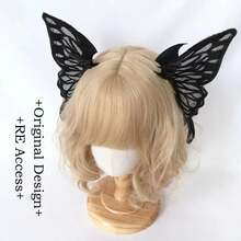 Horquilla gótica con alas de para Cosplay, tocado de demonio, cuernos Harajuku, pinza para el pelo de plumas bordadas, accesorios de Anime - Rosa - Ver 3