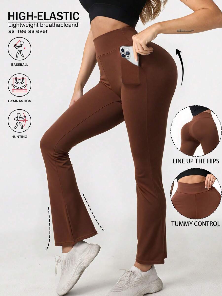 口袋运动紧身裤，高腰阔腿运动裤，提臀塑形运动紧身裤，瑜伽裤，全长弹力腰裤 - 卡其色 - 查看 1
