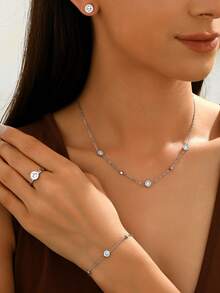 5 件套奢华钛钢罗马数字水钻手链、项链、戒指、耳环首饰套装，独特设计，适合女士 - 金色 - 查看 2