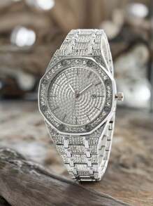 1 Peça Relógio de Quartzo Quadrado Fashionable Masculino com Banda de Aço Inoxidável Decorada com Strass e Calendário
