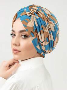 1pc Muslim Printed Headscarf Cap, European & American Style Floral Fabric Turban Hat, Pleated Design For Women For Dress - A - View 9