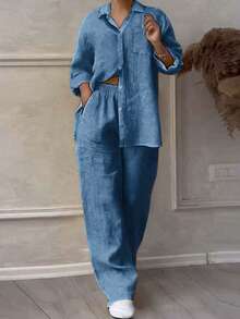 轻盈 Polo 领休闲开衫，百搭纯色优雅上衣，适合海滩、日常、通勤、工作、购物等场合，面料柔软，搭配松紧腰宽松长裤，两件套，春夏秋三季皆宜。 - 藍色 - 查看 9