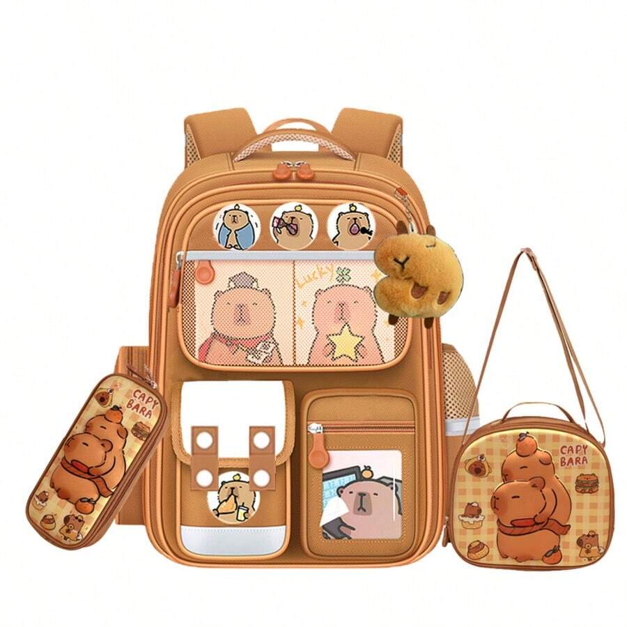 3 Pieces Set: Fashionable & Cute Capybara Themed Backpack, Large Capacity, With Lunch Box And Pencil Box, Ideal Birthday Gift, School Backpack - Brown - View 1
