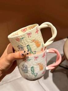 Quà tặng ngày Valentine: Cốc sứ hoa văn tự nhiên 300ml, cốc ăn sáng vẽ tay hình động vật, bộ cốc cà phê đôi họa tiết hoạt hình đan móc, cốc pha cà phê nghệ thuật Latte dùng cho văn phòng và gia đình. - Kem-Thỏ - Xem 4