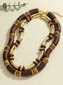 2pcs Bohemian Style Wooden Beaded Necklace Set, Vintage Geometric Pendant Choker Necklaces For Women, Suitable For Daily And Vacation Wear