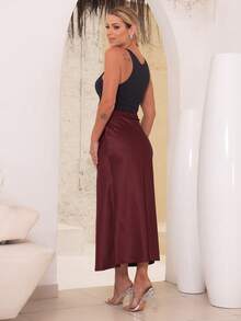 High Waisted Satin Midi Skirt For Women - Burgundy - View 2