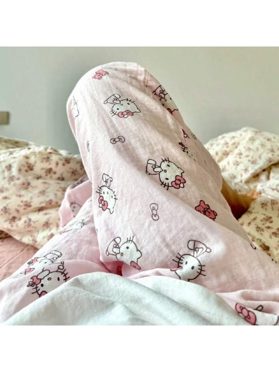Pantaloni de pijama eleganți din poliester țesut Sanrio pentru adulți Sanrio Hello Kitty - Design cu flori și blocuri de culoare, pentru toate anotimpurile, pijamale confortabile, licențiate, din flanel moale și cald (se recomandă fotografierea cu o