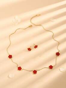 Bộ trang sức 3 món bằng thép không gỉ và xà cừ trắng hình hoa 5 cánh, gồm bông tai và dây chuyền, thích hợp làm quà tặng cho bạn gái/sinh viên. - Dây chuyền + bông tai hoa 5 lá - Xem 16