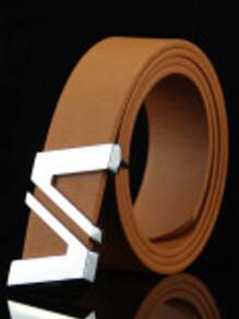 1pc New Men's Orange Korean Style Fashion Smooth Buckle Belt With Letter V, Boyfriend Gift, Suitable For Teenagers'' Daily Outfits