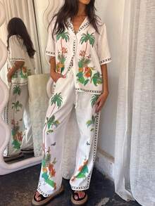 Ensemble de chemise et pantalon imprimé, style de loisirs, de plage et de vacances pour femmes Unadoll - Blanc - Voir 5