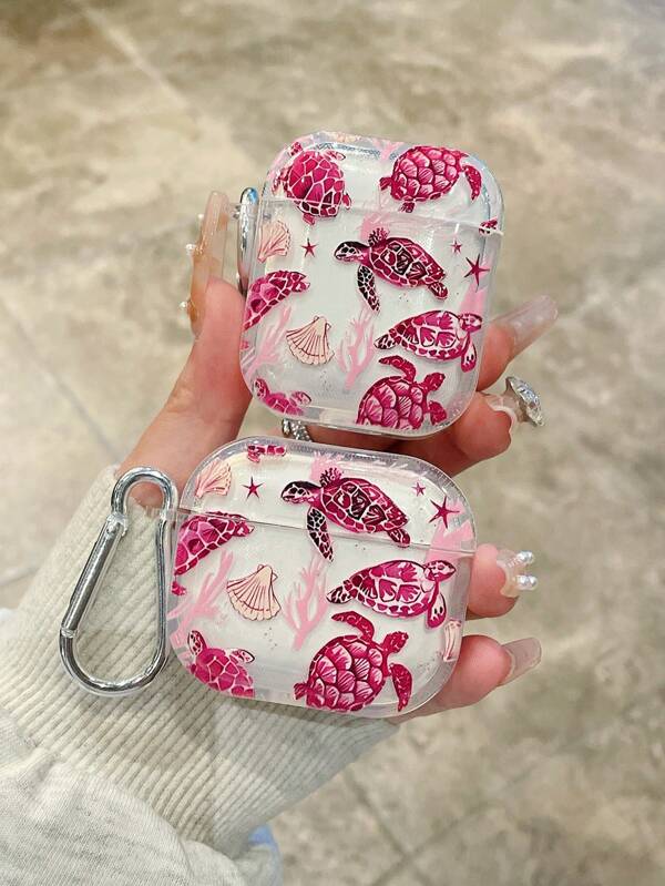 Schildpadschelp, schelp, oortelefoonhoesje in koraalkleur, oortelefoonhoesje in Oceanic Element, transparant oortelefoonhoesje met gesp voor 1 oortelefoonhoesje, compatibel met AirPod-hoesje, koptelefoon, compatibel met Pro (2e generatie), compatibel met 3, compatibel met Pro, compatibel met 1/2, compatibel met 4