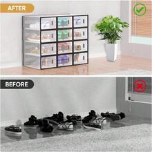 12 Pack Stackable Shoe Storage Boxes Fit Size 9, Thickened Clear Shoe Box Bins With Lids, Plastic Foldable Organizer Sneaker Storage Containers (Large, Black) - White - View 7