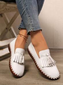 New Spring Tassel Slip-On Casual Shoes For Women, Student Flat White Sneakers, Versatile & Comfortable Platform Shoes