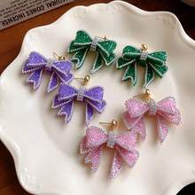 1 对黑色皮革蝴蝶结水晶耳环，适合女士生日、派对、婚礼