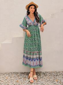 Rusttydustty Vestido de verano elegante con cruce floral azul para mujer de talla grande, ideal para vacaciones en la playa, Día de San Valentín, fiestas de verano, Coachella, Hawái, y viajes tropicales con volantes