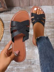 Sandales plates style coréen casual pour femmes, sandales romaines tressées à bout ouvert pour le printemps et l'été, porter à l'extérieur, glissières mode confortables, plates, assorties aux robes, conviennent pour la plage, l'Plat, couleur marron
