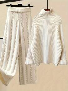 Conjunto de suéter y pantalones de punto con trenzado casual y elegante para usar en casa