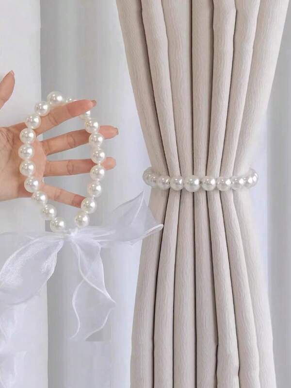 1pc Pearls Bow Curtain Tie Backs, Simple Lace Ribbon Cord Holder Curtain Clips, Curtain & Sheer Fixing Organizer Tassels