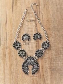1 Set Women's Retro Bohemian Crescent Turquoise Necklace & Earrings - Black - View 4