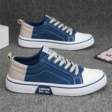 Men's Casual Canvas Sneakers - Breathable, Low-Top Lace-Up Shoes With PVC Sole, Fashionable Blue And White Design For Casual Attire