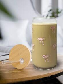 1 Pack, 500ml, Bowknot Pattern, Glass Iced Coffee Cup, With Bamboo Lid, Straw, Cute, Creative, Cold Drink Tumbler, Travel Mug, Christmas Gift, Office, Coffee Lover, Water Bottle, Milk Tea Cup, For Christmas Decorations, Party, Holiday