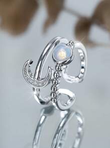 1 pièce Bague ouverte femme à la mode et mignonne avec design de ligne creuse de lune et lapin, pierre CZ. Convient pour date, soirée, anniversaire, vacances