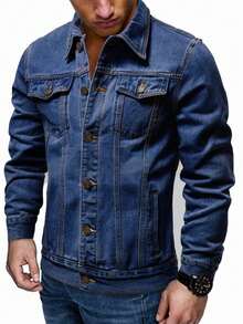 Men's Slim Fit Denim Jacket, Classic Fashion With Pockets, Autumn And Winter Men's Jean Jacket - 深色水洗藍 - 查看 4