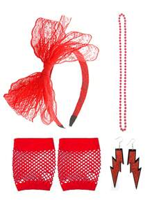 D EXCEED 4/5 pièces Ensemble d'accessoires rétro néon des années 80 pour femmes, collier de perles à tenue rétro, serre-tête à nœud en dentelle, gants résille, lunettes de soleil à stores vénitiens, boucles d'oreilles éclair, essentiels pour fête rétro Halloween