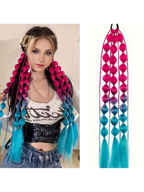 1 pieza Extensión de trenza de cola de caballo con burbuja de linterna degradada con coletero, cabello sintético resistente a altas temperaturas para mujeres, perfecto para festivales de música y carnavales, accesorio de cabello para festivales de música, accesorio de cabello para Halloween