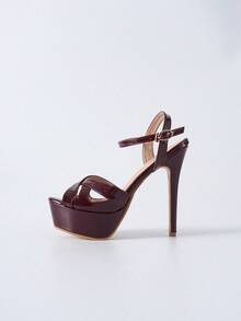 14cm Super High Heel Chunky Platform Sandals,Peep-Toe Design Stiletto,Red Color, Suitable For Fashion Show Winter Gifts - Burgundy - View 9