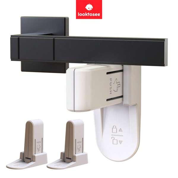 LOOKTOSEE 2 piezas Bloqueo de perilla de puerta, evita que los niños abran las puertas - Funcionamiento fácil con una sola mano para adultos, ABS duradero con respaldo adhesivo, no se necesitan herramientas para la instalación, bloqueo de puerta para niños/mascotas