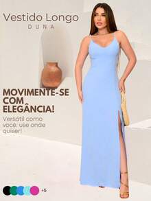 Long Plain Dress With Slit And Adjustable Straps For Wedding Party Bridesmaid Guest - 淺藍色 - 查看 3