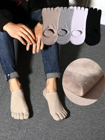 1 par de calcetines de algodón de unicolor, transpirables y que absorben la humedad con cinco dedos para hombres, adecuados para uso diario, otoño