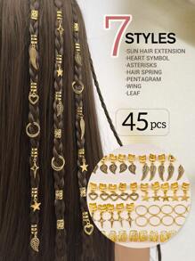 45 piezas Accesorios para el cabello con hojas de oro, estrellas, corazones y alas para dreadlocks y trenzas, joyas para el cabello para mujeres y niñas, anillos ajustables para decoración de trenzado