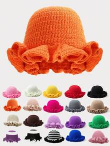 1pc Women Handmade Crochet Ruffle Brim Bucket Hat, Novelty Casual Floppy Cloche Hat - Solid Color - View 2