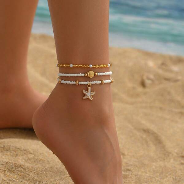 1 set de nouvelle phare d'été style bohème goutte d'huile étoile de mer coquillage perles ensemble de trois bracelets de cheville, convient pour le port en vacances