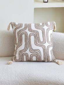 1pc Modern Geometric/Tree Jacquard Throw Pillow Cover, Suitable For Indoor Decor, All-Season Tasseled Decorative Pillow Sham (No Insert) - Camel - View 16