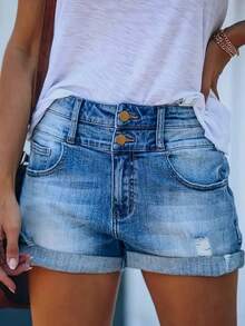Casual Solid Color Denim Pocket Button Distressed Daily Shorts, Summer - Light Wash - View 4