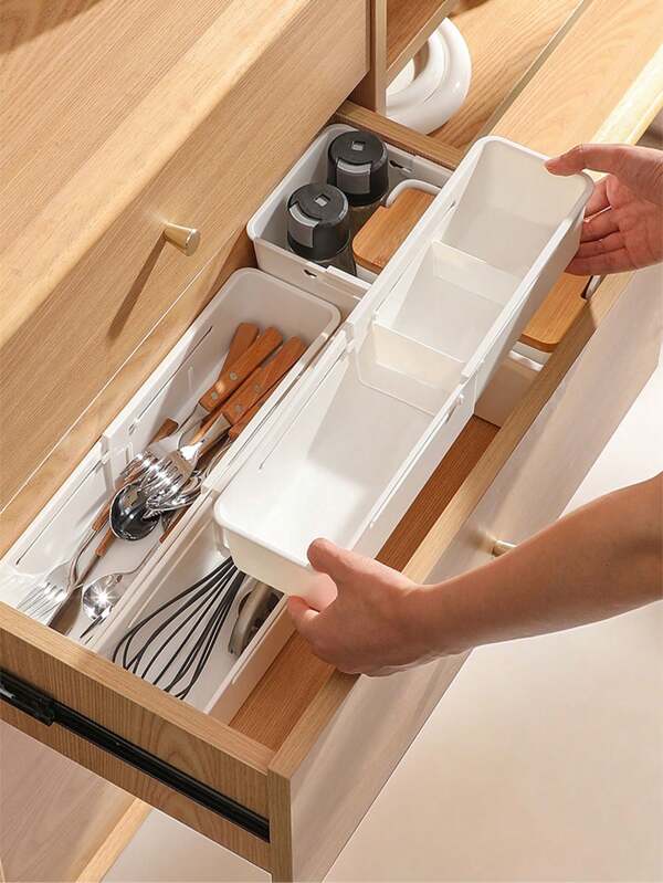 Caixa de armazenamento tipo gaveta, organizador de gavetas para roupas, caixa organizadora de utensílios de cozinha, caixa organizadora para sutiãs, cintos, cachecóis, gravatas, meias e roupas íntimas, com divisórias, cestos retráteis, caixa organizadora de gavetas categorizada para uso doméstico, para maquiagem, joias, quarto, utensílios de cozinha e escritório, adequada para várias gavetas, ferramenta essencial para limpeza e organização doméstica.