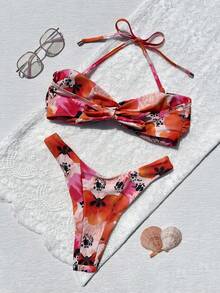 Damen sexy Blumen Spaghetti-Träger Binden Bikini Weihnachts-Set