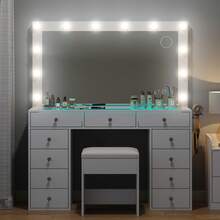 CollaredEagle Vanity Desk With Illuminated Mirror & Power Outlet,Makeup Vanity With 12 USB Power LED Lights, 11 Drawers Vanity Table With Chair, Tempered Glass Top, Dressing Table For Bedroom,Dressing Room - White RGB - 查看 3