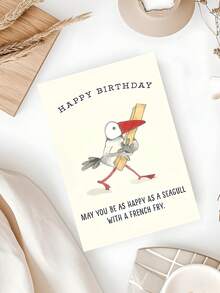1PC Funny Seagull Birthday Greeting Card With Envelope. The Greeting "Happy Birthday" Is Paired With A Cartoon Seagull Holding Fries. It's Suitable For Dads, Moms, Brothers, Sisters Or Loved Ones. A Festive Stationery Item, A Humorous Birthday Greeting Card. - Multicolor - View 5